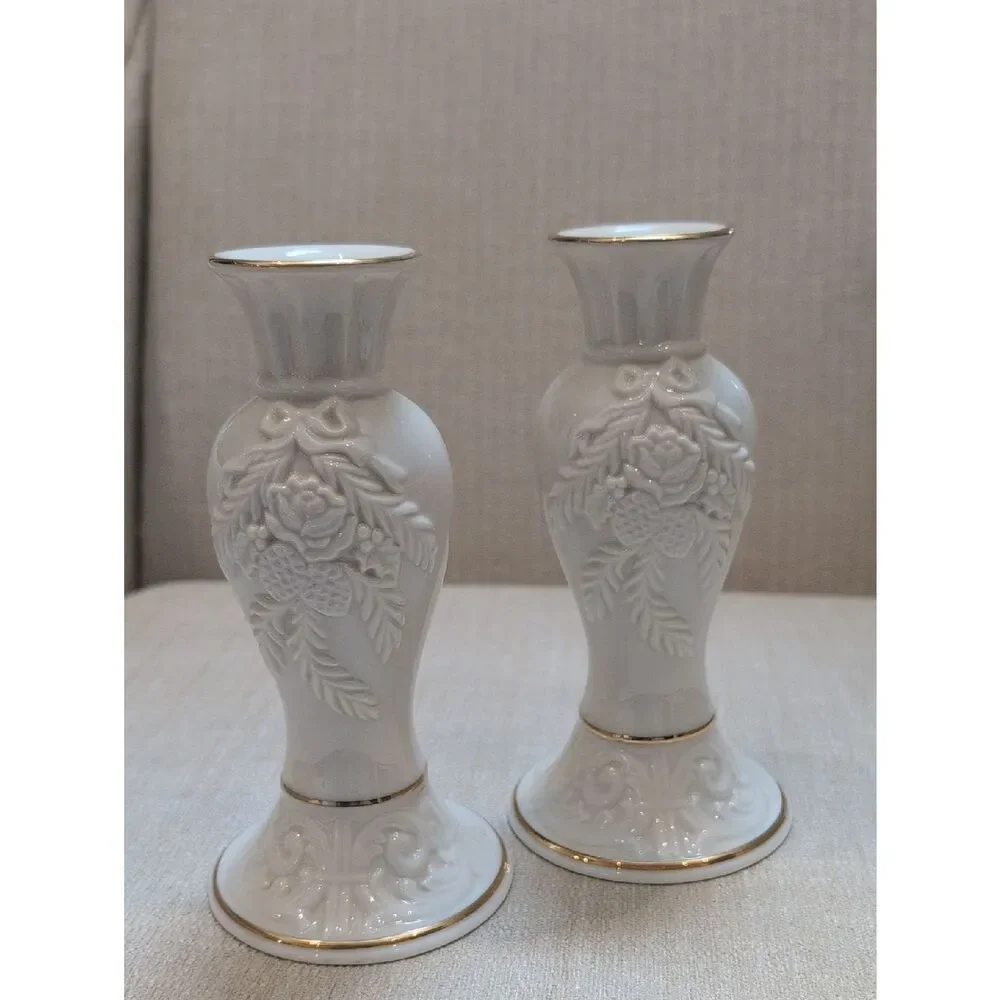 Vintage Lenox Winter Bouquet Pair of Candlestick Holders 24K Gold Trim